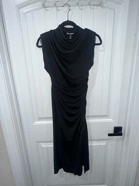 Adrienne Landau Onyx Ruched Cowl Neck Midi Dress, Size XS